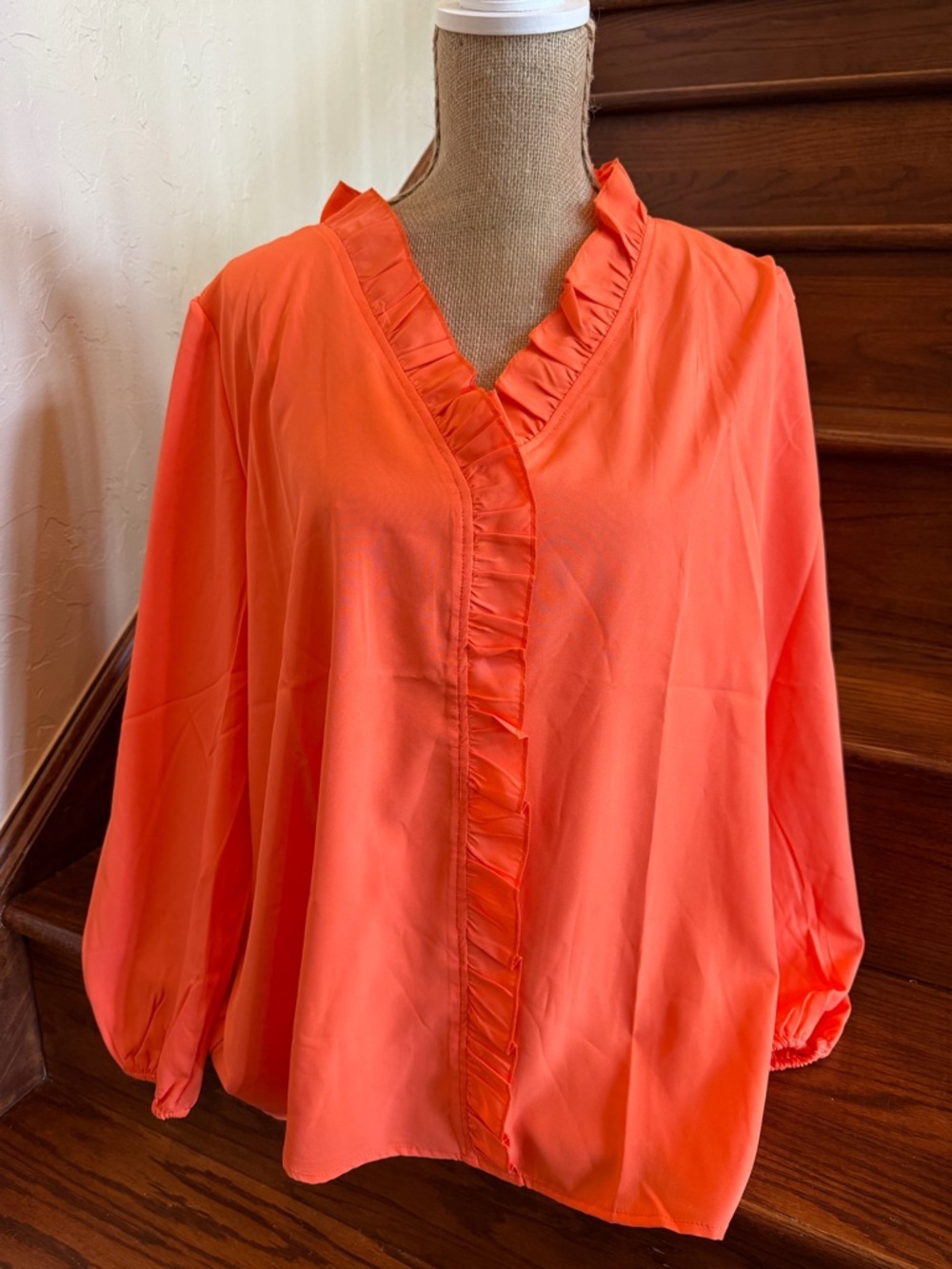 Women's Orange Ruffle V-Neck Blouse